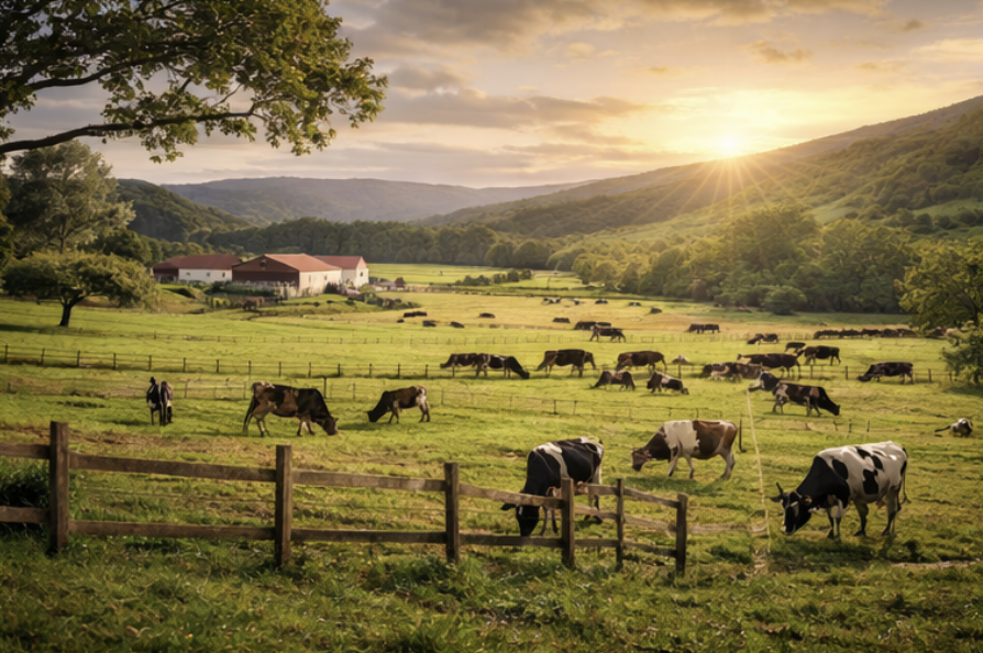 Pasto com rebanho leiteiro ao pôr do sol